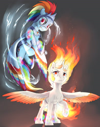 Size: 3300x4200 | Tagged: safe, artist:silfoe, imported from derpibooru, rainbow dash, twilight sparkle, alicorn, pegasus, pony, fanfic:the tomb of the nameless evil, armor, colored wings, colored wingtips, commission, duo, electric dash, fanfic art, female, fire, lightning, mane of fire, multicolored wings, rainbow power, rainbow power rainbow dash, rainbow power twilight sparkle, rainbow wings, rapidash twilight, twilight sparkle (alicorn), ultimate twilight, wings