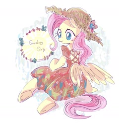 Size: 1915x1994 | Tagged: safe, artist:osawari64, imported from derpibooru, fluttershy, pegasus, semi-anthro, butt wings, clothes, cute, dress, female, hat, head turn, mare, shyabetes, sitting, smiling, solo, straw hat, sundress, turned head, wings
