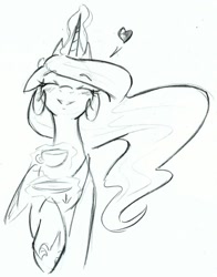 Size: 860x1097 | Tagged: artist needed, source needed, safe, imported from derpibooru, princess celestia, alicorn, pony, aura, cup, cute, cutelestia, eyes closed, female, heart, magic, mare, simple background, sketch, smiling, solo, telekinesis, white background