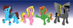 Size: 8816x3424 | Tagged: safe, artist:miipack603, imported from derpibooru, oc, oc:aurora honeyblossom, oc:dusky braveheart, oc:emily flutterheart, oc:ivy flashbreeze, oc:jacob braveheart, oc:jasper darkblaze, oc:jenna flashstrike, oc:john darkblaze, pegasus, pony, unicorn, spoiler:g5, amputee, artificial wings, augmented, female, fetlock tuft, g5, horn, male, mare, mechanical wing, new style, pegasus oc, prosthetic limb, prosthetic wing, prosthetics, simple background, stallion, standing, unicorn oc, wing brace, wings
