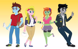 Size: 6725x4209 | Tagged: safe, artist:miipack603, imported from derpibooru, oc, oc:aurora honeyblossom, oc:dusky braveheart, oc:emily flutterheart, oc:ivy flashbreeze, oc:jacob braveheart, oc:jasper darkblaze, oc:jenna flashstrike, oc:john darkblaze, equestria girls, bag, belt, belt buckle, blazer, blouse, bracelet, breasts, brooch, cleavage, clothes, compression shorts, equestria girls-ified, female, handbag, headband, hopping, jacket, jeans, jewelry, loafers, male, midriff, miniskirt, no shading, pants, peace sign, purse, see-through, shirt, shoes, short shirt, shorts, simple background, skirt, sneakers, sports shorts, standing, t-shirt, transparent, undershirt