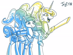Size: 2520x1896 | Tagged: safe, artist:jowyb, artist:jowybean, imported from derpibooru, princess celestia, princess luna, alicorn, pony, between dark and dawn, alternate hairstyle, bag, clothes, duo, female, hawaiian shirt, mare, ponytail, raised hoof, royal sisters, saddle bag, shirt, siblings, simple background, sisters, sleeping bag, white background