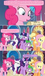 Size: 1366x2314 | Tagged: safe, edited screencap, imported from derpibooru, screencap, applejack, fluttershy, pinkie pie, rarity, spike, twilight sparkle, alicorn, dragon, between dark and dawn, angry, canterlot castle, discovery family logo, nervous laugh, reading, screencap comic, scroll, stained glass, twilight sparkle (alicorn), unamused, upset, window, winged spike, wings
