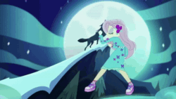 Size: 1344x756 | Tagged: safe, imported from derpibooru, screencap, fluttershy, lonestar, bird, chicken, cow, dog, horse, wolf, equestria girls, the last drop, the last drop: fluttershy, spoiler:choose your own ending (season 2), spoiler:eqg series (season 2), animated, cute, dancing, eyes closed, female, full moon, moon, rooster, shoes, shyabetes, sneakers, sound, webm