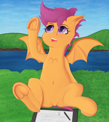 Size: 2276x2560 | Tagged: safe, artist:batsdisaster, imported from derpibooru, scootaloo, bat pony, pegasus, pony, bat ponified, bat wings, belly button, chest fluff, female, frog (hoof), grass, mare, race swap, scootabat, solo, underhoof, wings