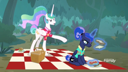 Size: 1366x768 | Tagged: safe, imported from derpibooru, screencap, princess celestia, princess luna, between dark and dawn, angry, basket, blanket, bread, checkered blanket, cheese, discovery family logo, food, levitation, magic, picnic, sandwich, telekinesis, tomato, unhappy, upset