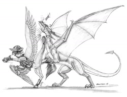 Size: 1400x1076 | Tagged: safe, artist:baron engel, imported from derpibooru, oc, oc only, oc:growler, oc:squall, dragon, pony, clothes, fight, grayscale, kick, monochrome, pencil drawing, simple background, story in the source, story included, traditional art, vertical split, white background