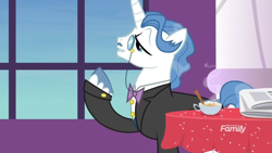 Size: 1366x768 | Tagged: safe, imported from derpibooru, screencap, fancypants, pony, unicorn, between dark and dawn, bowtie, clothes, cup, food, hot coco, lidded eyes, male, monocle, newspaper, noble, solo, stallion, steam, suit, table, tablecloth, tea, teacup, tuxedo, unshorn fetlocks, window