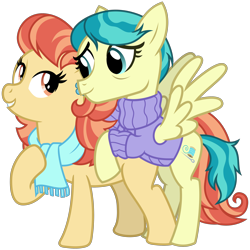 Size: 3200x3200 | Tagged: safe, artist:cheezedoodle96, imported from derpibooru, aunt holiday, auntie lofty, earth pony, pegasus, pony, the last crusade, .svg available, clothes, couple, eye contact, female, high res, hoof on chest, hug, lesbian, lofty day, looking at each other, mare, rearing, scarf, shipping, simple background, spread wings, svg, sweater, transparent background, vector, wings