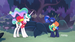 Size: 1366x768 | Tagged: safe, imported from derpibooru, screencap, princess celestia, princess luna, pony, between dark and dawn, alternate hairstyle, arrow, discovery family logo, forest, ponytail, saddle bag, sign, trail