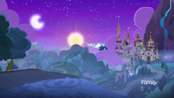 Size: 1366x768 | Tagged: safe, imported from derpibooru, screencap, princess celestia, princess luna, pony, between dark and dawn, canterlot castle, crescent moon, discovery family logo, flying, moon, night, road, stars, sun