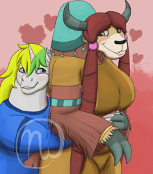 Size: 2200x2500 | Tagged: safe, artist:azurllinate, imported from derpibooru, yona, oc, oc:sol bright, anthro, unicorn, yak, age difference, anthro oc, armband, back hug, blue eyes, blushing, bracelet, braid, breasts, buff, busty yona, canon x oc, close together, clothes, cloven hooves, female, fluffy, hazel eyes, heart, holding hands, hoof hands, horns, humped back, interspecies, interspecies love, jewelry, long hair, looking at each other, male, muscles, older yona, size difference, smiling, straight, stubble, two toned mane, wide hips, yonathletic