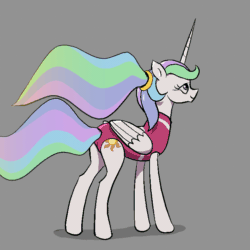 Size: 720x720 | Tagged: safe, artist:el-yeguero, imported from derpibooru, princess celestia, alicorn, pony, between dark and dawn, alternate hairstyle, animated, butt, clothes, female, flowy mane, gray background, hair tie, leotard, looking back, mare, plot, ponytail, simple background, solo, tail, tail hole, zipline