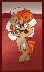 Size: 1200x1920 | Tagged: safe, artist:thebadbadger, imported from derpibooru, oc, oc:cotten ripstop, pony, unicorn, flower, pillow, rose