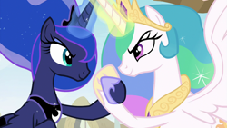 Size: 1280x720 | Tagged: safe, imported from derpibooru, screencap, princess celestia, princess luna, alicorn, pony, between dark and dawn, female, holding hooves, hoof shoes, hoofshake, looking at each other, magic, royal sisters, siblings, sisters