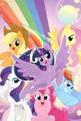 Size: 2107x3160 | Tagged: safe, imported from derpibooru, seven seas, applejack, fluttershy, pinkie pie, rainbow dash, rarity, twilight sparkle, alicorn, earth pony, pegasus, pony, unicorn, my little pony: the manga, my little pony: the manga volume 1, spoiler:manga, spoiler:manga1, cute, dashabetes, diapinkes, flying, jackabetes, looking at you, mane six, manga, one eye closed, open mouth, rainbow, raribetes, shyabetes, twiabetes, twilight sparkle (alicorn)