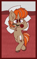 Size: 1200x1920 | Tagged: safe, artist:thebadbadger, imported from derpibooru, oc, oc:cotten ripstop, pony, unicorn, arm behind head, flower, flower in mouth, on back, pillow, rose, rose in mouth, unshorn fetlocks