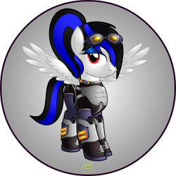 Size: 5000x5000 | Tagged: safe, artist:lakword, imported from derpibooru, oc, oc:labys, pegasus, pony, armor, clothes, cosplay, costume, female, goggles, simple background, smiling, solo, spread wings, standing, transparent background, wings