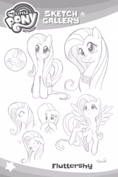 Size: 2107x3160 | Tagged: safe, imported from derpibooru, seven seas, fluttershy, pegasus, pony, my little pony: the manga, my little pony: the manga volume 1, spoiler:manga, spoiler:manga1, angry, cute, cutie mark, element of kindness, lineart, looking at you, monochrome, shyabetes, sketch gallery