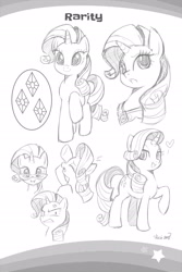 Size: 2107x3160 | Tagged: safe, imported from derpibooru, seven seas, rarity, pony, unicorn, my little pony: the manga, my little pony: the manga volume 1, spoiler:manga, spoiler:manga1, angry, cross-popping veins, cute, cutie mark, element of generosity, glasses, heart, monochrome, raribetes, sketch gallery, the worst possible thing
