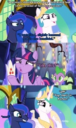 Size: 1025x1728 | Tagged: safe, edit, edited screencap, imported from derpibooru, screencap, princess celestia, princess luna, spike, twilight sparkle, alicorn, dragon, pony, between dark and dawn, comic, friendship throne, hoof shoes, screencap comic, twilight sparkle (alicorn), winged spike, wings