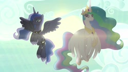 Size: 1920x1080 | Tagged: safe, imported from derpibooru, screencap, princess celestia, princess luna, alicorn, pony, between dark and dawn, backlighting, duo, ethereal mane, female, mare, royal sisters, siblings, sisters, spread wings, sun, wings