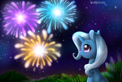 Size: 3000x2000 | Tagged: safe, artist:kaikururu, imported from derpibooru, trixie, pony, unicorn, cute, diatrixes, female, fireworks, high res, lavender, looking at something, mare, night, profile, sitting, solo, starry eyes, stars, wingding eyes