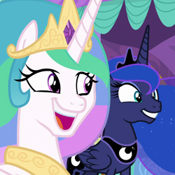 Size: 1080x1080 | Tagged: safe, edit, edited screencap, imported from derpibooru, screencap, princess celestia, princess luna, alicorn, pony, between dark and dawn, cropped, dreamworks face, ethereal mane, excited, faic, jewelry, laughing, open mouth, reaction image, regalia, royal sisters, silly, silly pony