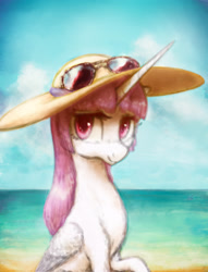 Size: 2767x3616 | Tagged: safe, artist:plotcore, imported from derpibooru, princess celestia, alicorn, pony, alternate hairstyle, bangs, beach, cute, cutelestia, female, hat, looking at you, mare, pink mane, pink-mane celestia, sitting, smiling, solo, sun hat