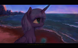 Size: 4000x2500 | Tagged: safe, artist:plotcore, imported from derpibooru, princess luna, alicorn, pony, beach, black bars, dialogue, female, letterboxing, magic, mare, s1 luna, scenery, solo