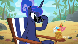 Size: 1920x1080 | Tagged: safe, imported from derpibooru, screencap, princess luna, alicorn, pony, between dark and dawn, alternate hairstyle, barehoof, beach, coconut cup, coconut drink, discovery family logo, drink, eyeliner, female, folded wings, frown, hair bun, lonely, makeup, mare, solo, sunglasses, surprised, vacation, we don't normally wear clothes