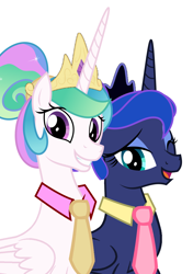 Size: 3016x4279 | Tagged: safe, artist:disneymarvel96, edit, imported from derpibooru, vector edit, princess celestia, princess luna, alicorn, pony, alternate hairstyle, duo, female, hair bun, mane bun, mare, necktie, one eye closed, royal sisters, siblings, sisters, smiling, vector, wink