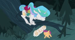 Size: 1024x549 | Tagged: safe, artist:vixenwolf123, imported from derpibooru, princess celestia, scootaloo, alicorn, pony, between dark and dawn, alektorophobia, colored hooves, dialogue, eyes closed, female, filly, scared, scene interpretation, scootachicken, scootaloo is not amused, shaking, sweat, that princess sure is afraid of chickens, tree, unamused