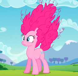 Size: 540x526 | Tagged: safe, imported from derpibooru, screencap, pinkie pie, earth pony, pony, the mane attraction, alternate hairstyle, cropped, female, frizzy hair, mare, solo