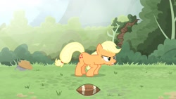 Size: 1702x957 | Tagged: safe, artist:brutalweather studio, imported from derpibooru, applejack, earth pony, pony, ponyville's incident, american football, broken leg, female, forest, mare, show accurate, solo, sports, stretching