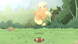 Size: 1702x957 | Tagged: safe, artist:brutalweather studio, imported from derpibooru, applejack, pony, ponyville's incident, american football, cartoon physics, derp, forest, great moments in animation, midair, show accurate, sports, stretching, this isn't even my final form