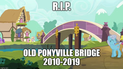Size: 888x499 | Tagged: safe, edit, edited screencap, imported from derpibooru, screencap, amethyst star, angel bunny, cherry berry, fluttershy, linky, shoeshine, sparkler, earth pony, pony, between dark and dawn, bridge, female, mare, ponyville, rest in peace