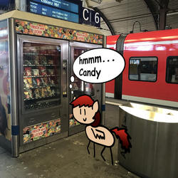 Size: 3024x3024 | Tagged: safe, artist:alexskleinewelt, imported from derpibooru, oc, oc:alex bash, candy, food, instagram, real life background, snacks, stick pony, train, train station