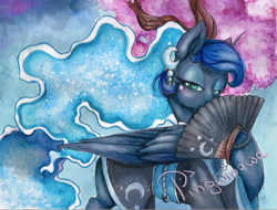 Size: 1029x781 | Tagged: safe, artist:pingwinowa, imported from derpibooru, princess luna, alicorn, pony, blushing, clothes, ear piercing, earring, fan, female, hand fan, jewelry, kimono (clothing), lidded eyes, looking at you, mare, paper fan, piercing, solo, traditional art, watercolor painting