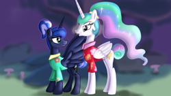 Size: 1280x720 | Tagged: safe, artist:jbond, imported from derpibooru, princess celestia, princess luna, alicorn, pony, between dark and dawn, alternate hairstyle, clothes, dress, duo, female, forest, mare, royal sisters, scene interpretation, siblings, sisters