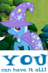 Size: 292x444 | Tagged: safe, artist:horsesplease, imported from derpibooru, trixie, pony, bronybait, cape, caption, clothes, expand dong, exploitable meme, female, gameloft, good end, hat, image macro, meme, text, trixie's cape, trixie's hat