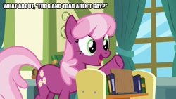 Size: 800x450 | Tagged: safe, edit, edited screencap, imported from derpibooru, screencap, cheerilee, earth pony, pony, a flurry of emotions, book, caption, children's book, frog and toad, image macro, ponyville schoolhouse, reading, school, solo, text, window