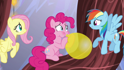 Size: 640x360 | Tagged: safe, imported from derpibooru, screencap, fluttershy, pinkie pie, rainbow dash, earth pony, pegasus, pony, the one where pinkie pie knows, balloon, blowing up balloons, chandelier, female, hyperventilating, mare, moments before disaster, puffy cheeks, smiling, trio