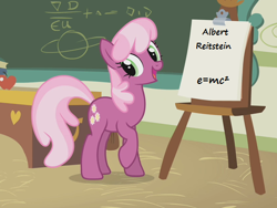 Size: 512x384 | Tagged: safe, edit, edited screencap, imported from derpibooru, screencap, cheerilee, pony, call of the cutie, apple, chalkboard, cheeribetes, cropped, cute, e=mc^2, easel, food, solo, text