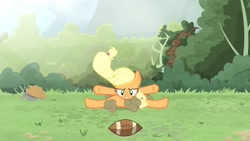 Size: 1702x957 | Tagged: safe, artist:brutalweather studio, imported from derpibooru, applejack, pony, ponyville's incident, american football, derp, forest, gritted teeth, landing, literal butthurt, lol, show accurate, smack, smack dat ass, sports, this is going to hurt, this will end in pain