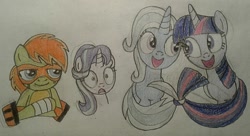 Size: 1480x806 | Tagged: safe, artist:jebens1, imported from derpibooru, starlight glimmer, trixie, twilight sparkle, alicorn, anthro, pony, unicorn, female, michelangelo, shipping, teenage mutant ninja turtles, traditional art