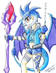 Size: 1264x1640 | Tagged: safe, artist:the1king, imported from derpibooru, princess ember, human, bandage, belly button, bloodstone scepter, dragon lord ember, fangs, female, freckles, humanized, middle finger, midriff, mohawk, pigtails, solo, tail, tailed humanization, tattoo, vulgar, winged humanization, wings