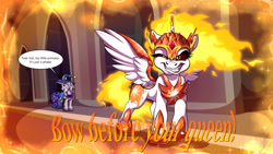 Size: 3840x2160 | Tagged: safe, artist:lupiarts, imported from derpibooru, daybreaker, princess luna, star swirl the bearded, alicorn, pony, castle of the royal pony sisters, commission, evil grin, female, filly, fire, grin, hoof shoes, it's a phase, majestic as fuck, mane of fire, scared, sharp teeth, smiling, speech bubble, teeth, woona, younger
