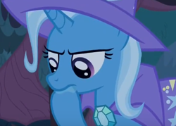 Size: 374x268 | Tagged: safe, imported from derpibooru, screencap, trixie, pony, unicorn, student counsel, cape, clothes, cropped, drool, female, hat, hoof in mouth, mare, solo, trixie's cape, trixie's hat
