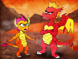 Size: 1070x810 | Tagged: safe, artist:jodi sli, imported from derpibooru, garble, smolder, dragon, sweet and smoky, brother and sister, dragon lands, dragoness, female, male, scene interpretation, siblings